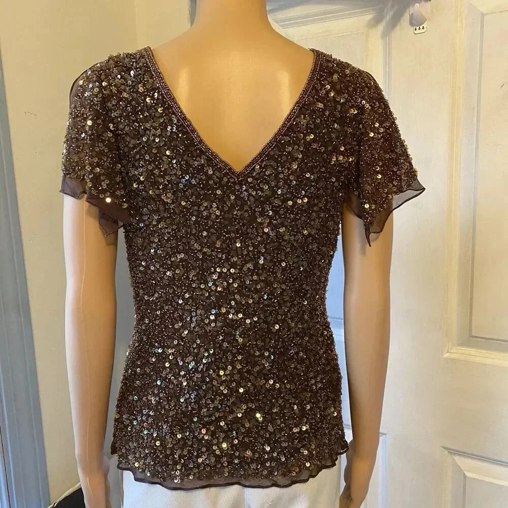 VTG Scala Silk Sequins V Neck Whimsigoth Fairy Lady 12 Evening Party Blouse Top - Picture 12 of 12